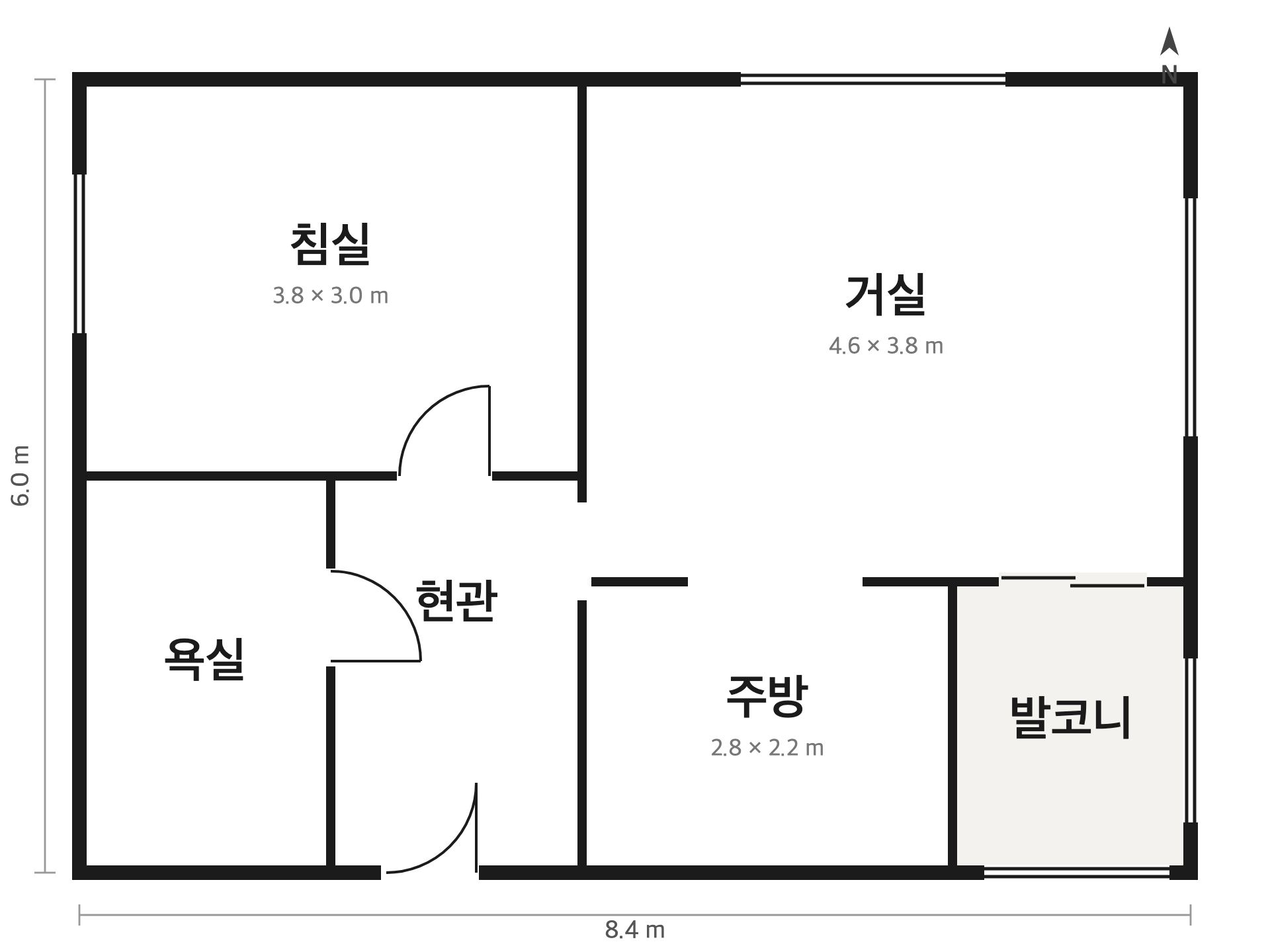 방·문·창과 치수를 표시한 설명용 합성 평면도